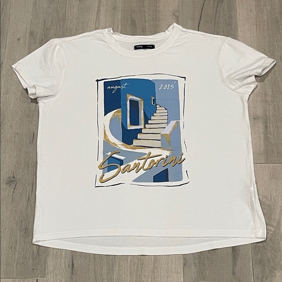 Sinsay Tops - Sinsay Santorini White Tee with Blue and Gold Graphic Size S 100% cotton